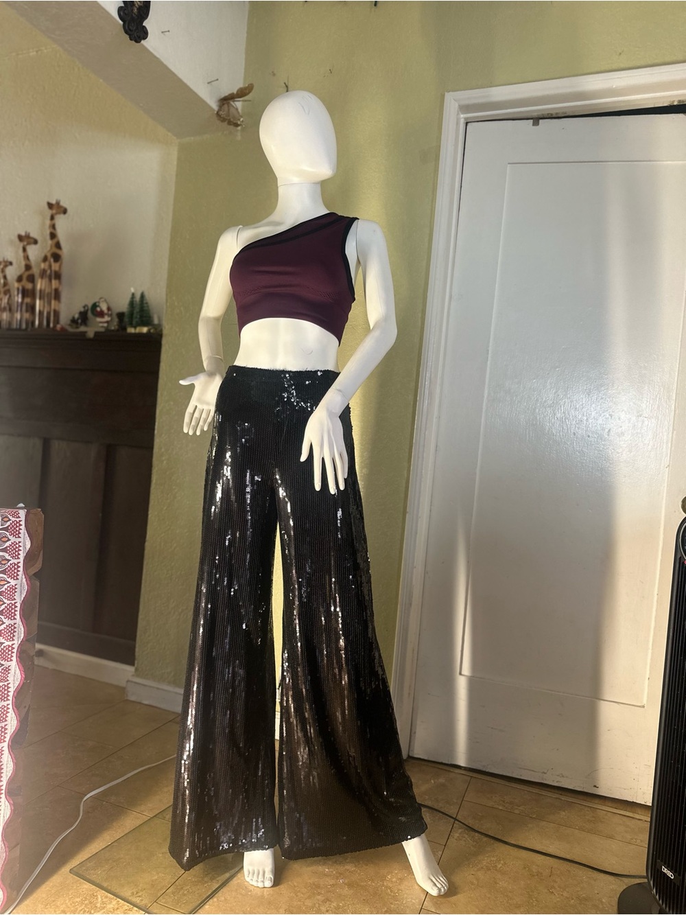 Black Sequin Wide-Leg Evening Pants